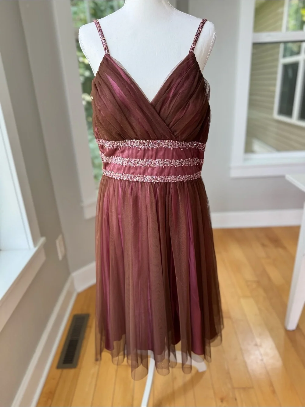 Vintage 90s JS Boutique Pink Brown Beaded Pearls Tulle Midi Dress Sz 14